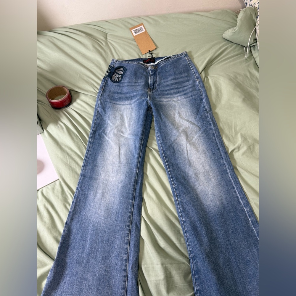 Blue Flare & Wide Leg Jeans with Butterfly Detail